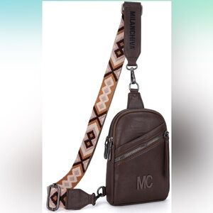 Brown sling bag with guitar strap